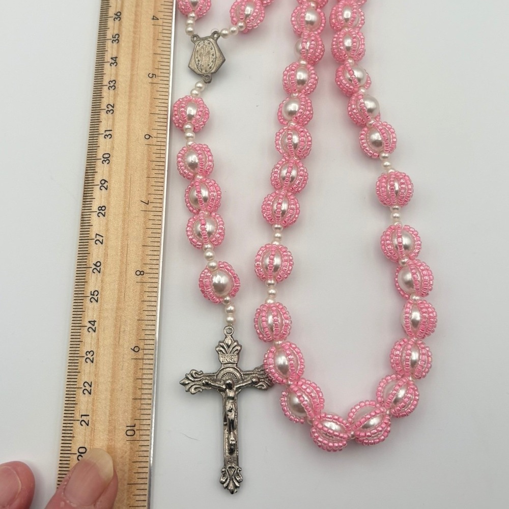 Handmade Pink Seed Bead Faux Pearl Rosary Silver Tone Crucifix Miraculous Medal - Picture 6 of 8